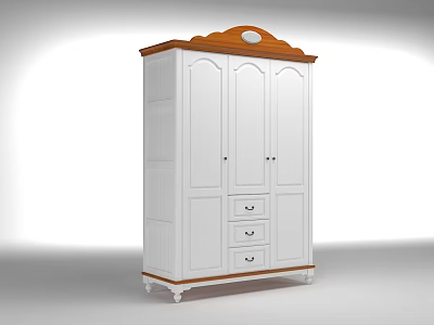 Classic White Wardrobe With Curved Wooden Top Three Doors And Three Drawers 3d model