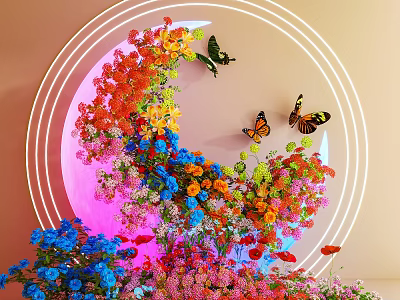 Vibrant Art Installation With Circular Neon Rings Colorful Flowers Butterflies And Red Fish 3d model