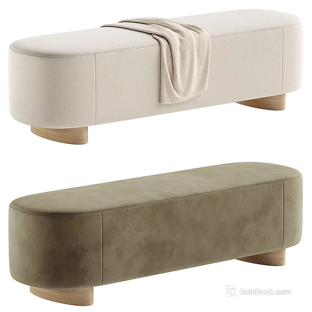 Beige And Olive Green Upholstered Bed Benches With Wooden Legs And Blanket 3d model 