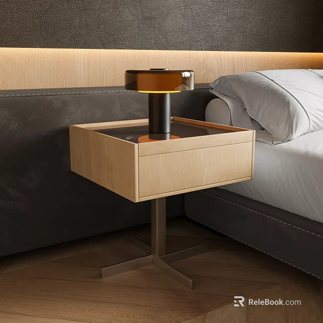 Modern Wooden Bedside Table with Drawer and Table Lamp in Bedroom Interior 3d model 