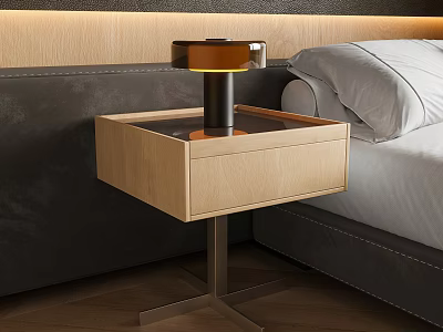 Modern Wooden Bedside Table with Drawer and Table Lamp in Bedroom Interior 3d model