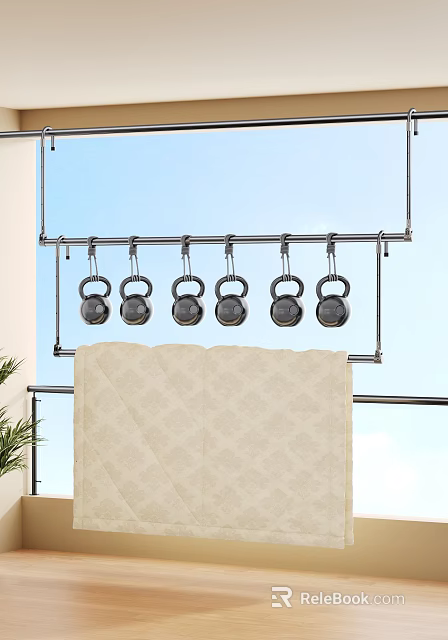 Multiple Black Kettlebells Hanging On Metal Sports Equipment Storage Rack For Gym 3d model 