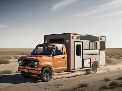 Orange Functional Utility Vehicle Driving On Desert Road With Dust 3d model