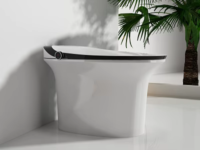 Modern White Toilet With Sleek Black Edge In Bright Bathroom Interior With Palm Tree 3d model