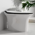 Modern White Toilet With Sleek Black Edge In Bright Bathroom Interior With Palm Tree