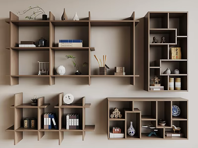 Stylish Modern Floating Wall Cabinets With Decor Items And Storage Space 3d model