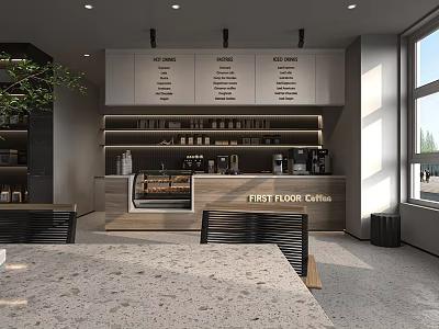 First Floor Coffee Cafe Modern Interior Design With Display Case Shelves Coffee Machines And Tables 3d model