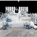 Elegant Banquet Hall With Black White Star Decor Blue Floral And White Spheres