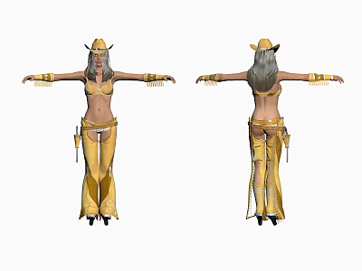 Woman in Yellow Cowboy Outfit With Cowboy Hat Boots and Fringe Front Back View 3d model