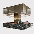 Modern Bar Design With Marble Countertop Gold Metal Mesh Wine Bottle Display And Bar Stools