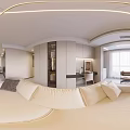 Modern Living Dining Room Interior With Beige Sofa Coffee Table And Hanging Pendant Lights