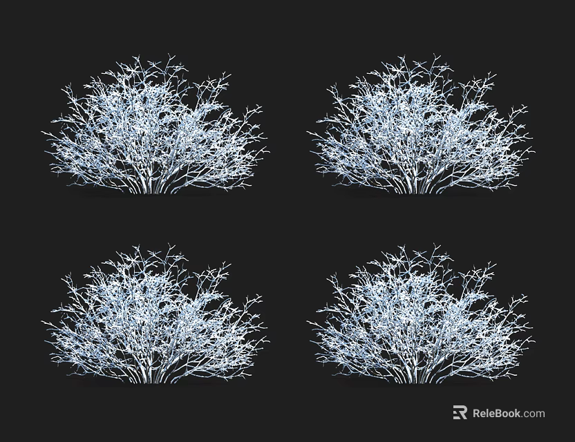 Four Leafless Trees with White Outline Design on Black Background 3d model 