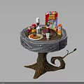 Rustic Tree Stump Wooden Table With Various Breakfast Items And Decorative Branch