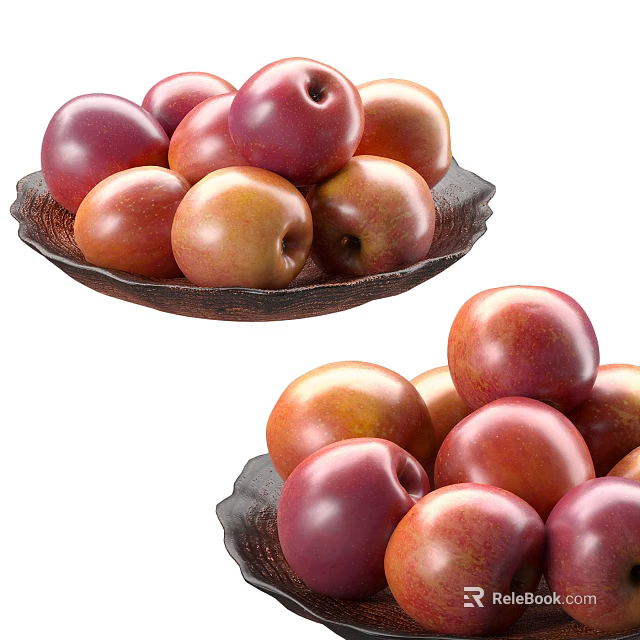 Fresh Ripe Red And Yellow Plums Arranged On Dark Ceramic Plates 3d model 