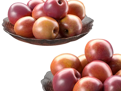 Fresh Ripe Red And Yellow Plums Arranged On Dark Ceramic Plates 3d model