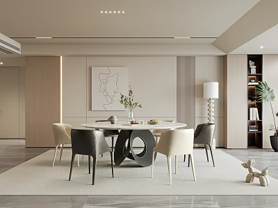 Modern Restaurant Interior With Round Dining Table Chairs Rug Decorative Painting Bookshelf And Floor Lamp 3d model