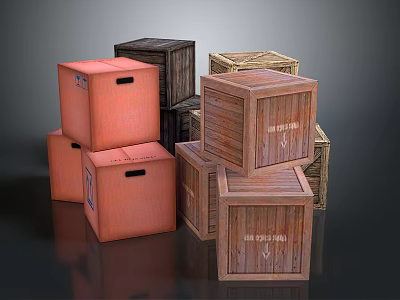 Different Colored Wooden Boxes Stacked With Shipping Labels And Textured Surfaces 3d model