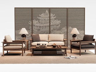 New Chinese Sofa Coffee Table Combination Double Sofa Single Sofa Casual Chair Screen 3d model