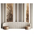 Stylish Curved Sofa With Round Stools And Textured Columns In Beige Curtain Interior