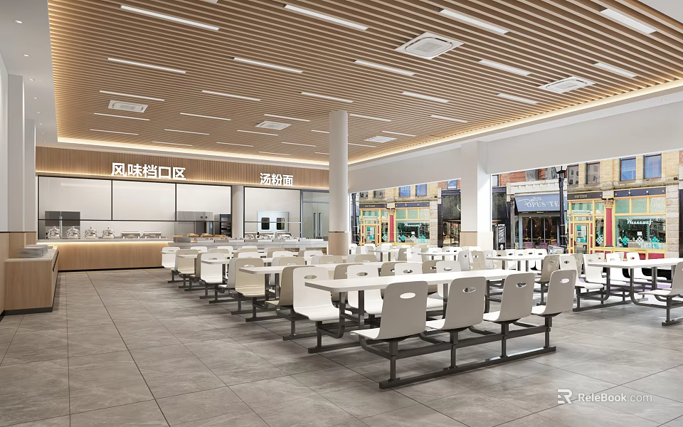 Elderly Canteen Modern Interior With Flavor Food Counter Area And Tables Chairs 3d model 