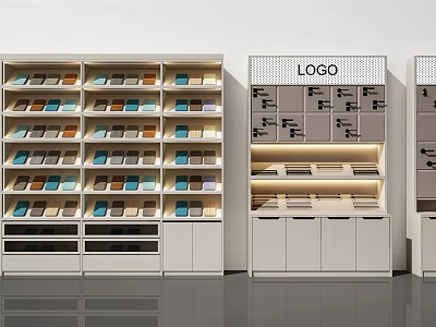 Modern Multi Tier Display Shelves With Colorful Products Logo And Storage Cabinets 3d model