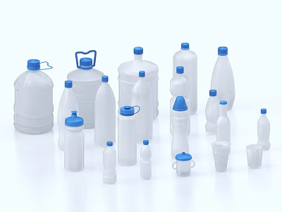 Transparent Ceramic Vessels With Blue Lids In Various Sizes And Shapes 3d model
