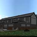 Chinese Style Townhouse Exterior Design With Gray Tiled Roof White Gray Walls And Lawn Courtyard