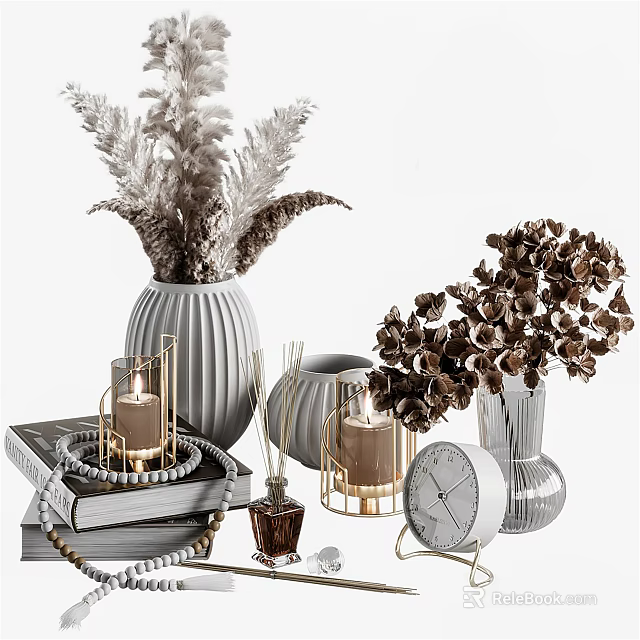 Stylish Decorative Ornament Set With Vases Dried Flowers Golden Candles Clock Stacked Books Aromatherapy Bottles 3d model 