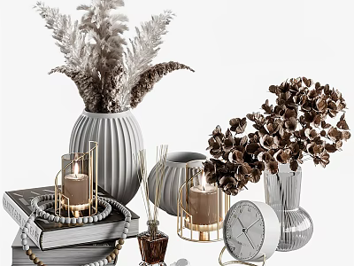 Stylish Decorative Ornament Set With Vases Dried Flowers Golden Candles Clock Stacked Books Aromatherapy Bottles 3d model