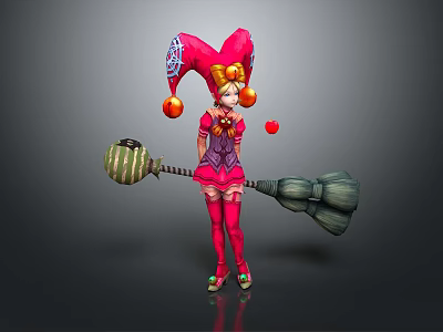 Game Movie Character In Pink Outfit With Red Jester Hat And Large Broom 3d model