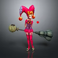 Game Movie Character In Pink Outfit With Red Jester Hat And Large Broom