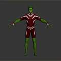 Green Man In Red And White Tight Suit With Arms Outstretched Standing Against Gray Background