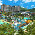 Tropical Garden Landscape with Palm Trees Pool Colorful Umbrellas Water Slides Dome Structure and Greenery