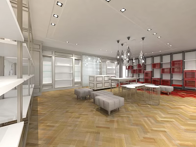 Boutique Interior Design with Display Shelves Chandeliers Herringbone Wooden Floor and Comfortable Sofas 3d model