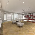 Boutique Interior Design with Display Shelves Chandeliers Herringbone Wooden Floor and Comfortable Sofas