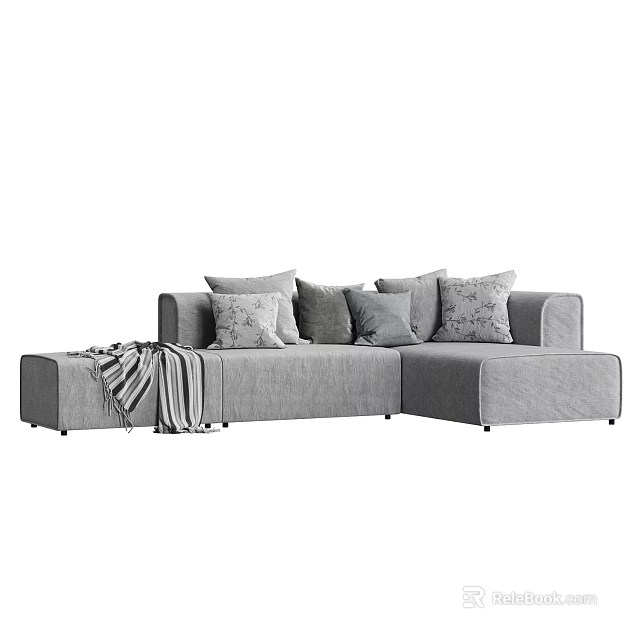 Modern Gray Sectional Sofa With Decorative Cushions And Throw Blanket 3d model