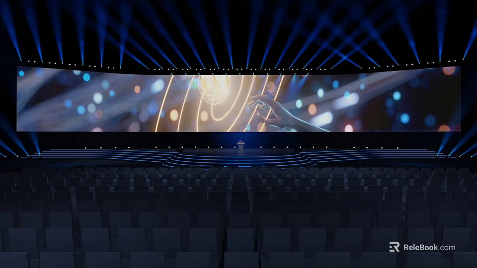 Modern Stage Design With Blue Lighting Large LED Screen And Audience Seats 3d model 