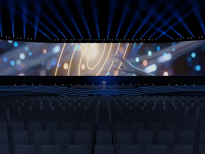 Modern Stage Design With Blue Lighting Large LED Screen And Audience Seats 3d model