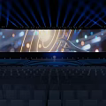 Modern Stage Design With Blue Lighting Large LED Screen And Audience Seats