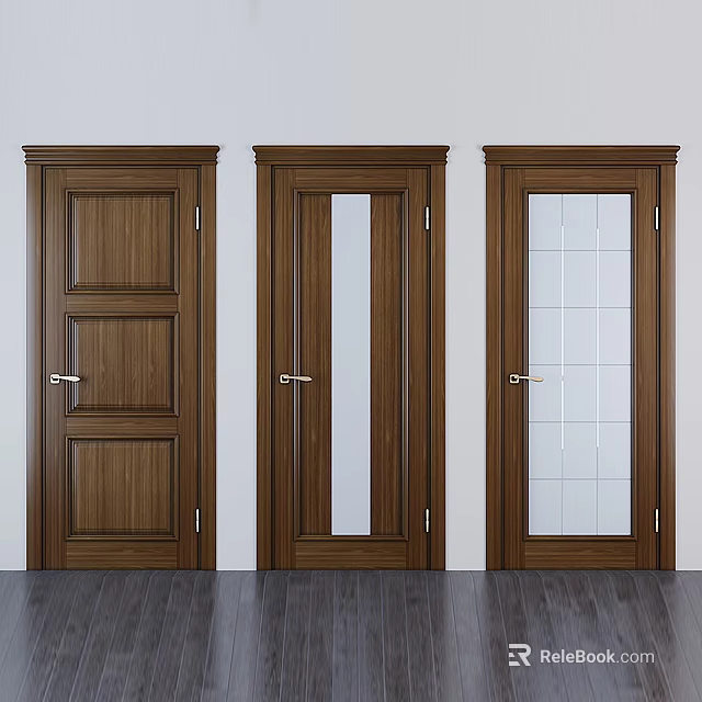 Wooden Hinged Doors Featuring Different Panel And Glass Insert Designs 3d model