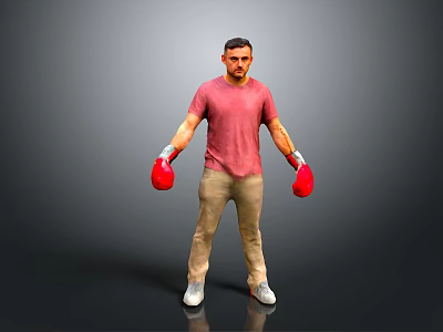 Man Wearing Red T Shirt Beige Pants With Red Boxing Gloves Standing On Grey Background 3d model