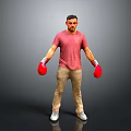 Man Wearing Red T Shirt Beige Pants With Red Boxing Gloves Standing On Grey Background