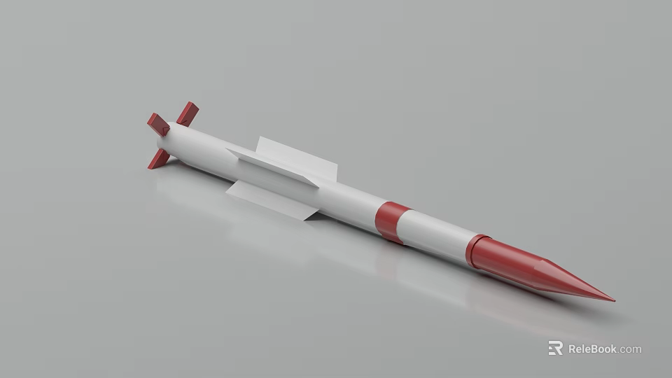 White and Red Missile Weapon with Tail Fins Pointed Nose and Cylindrical Body 3d model 