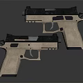 Two Beige Black Tactical Pistols With Grip Texture Rail System Sights On Dark Background