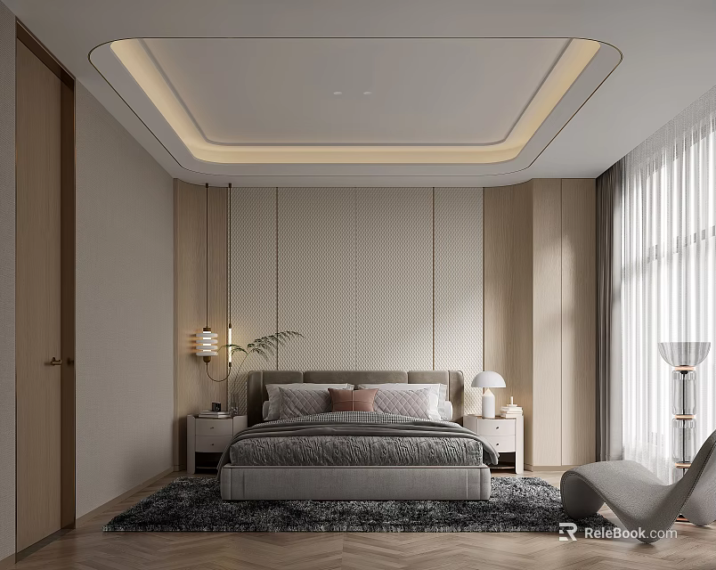 Modern Bedroom Interior Design With Queen Bed Striped Walls Bedside Tables And Accent Chair 3d model 