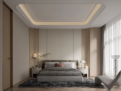 Modern Bedroom Interior Design With Queen Bed Striped Walls Bedside Tables And Accent Chair 3d model