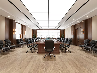 Spacious Conference Room With Long Table Black Chairs Wooden Walls And Ceiling Lights 3d model