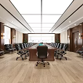 Spacious Conference Room With Long Table Black Chairs Wooden Walls And Ceiling Lights