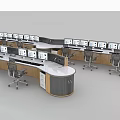 Long Curved Wooden Office Desks With Multiple Seats And Computer Monitors