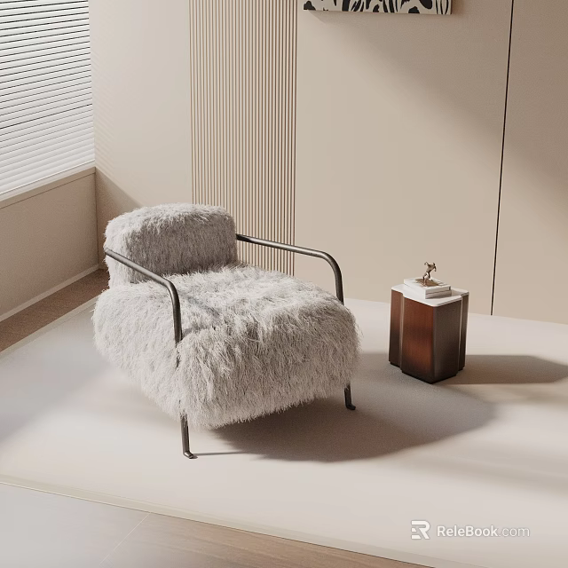 Fluffy Fur Lounge Chair With Metal Armrests And Small Side Table In Light Minimalist Interior 3d model 